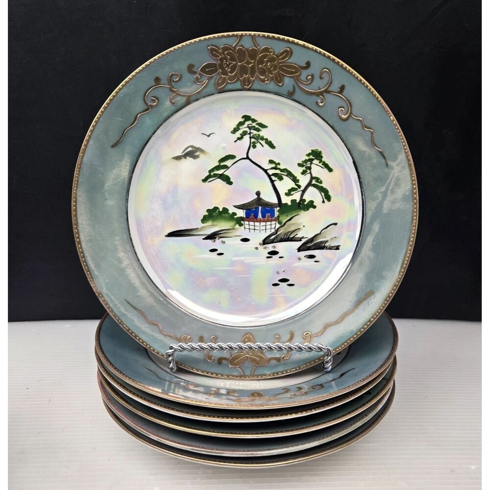 6 Takito TT Lusterware House Tree Landscape Dessert Lunch Plates Japan 7.25" Vtg